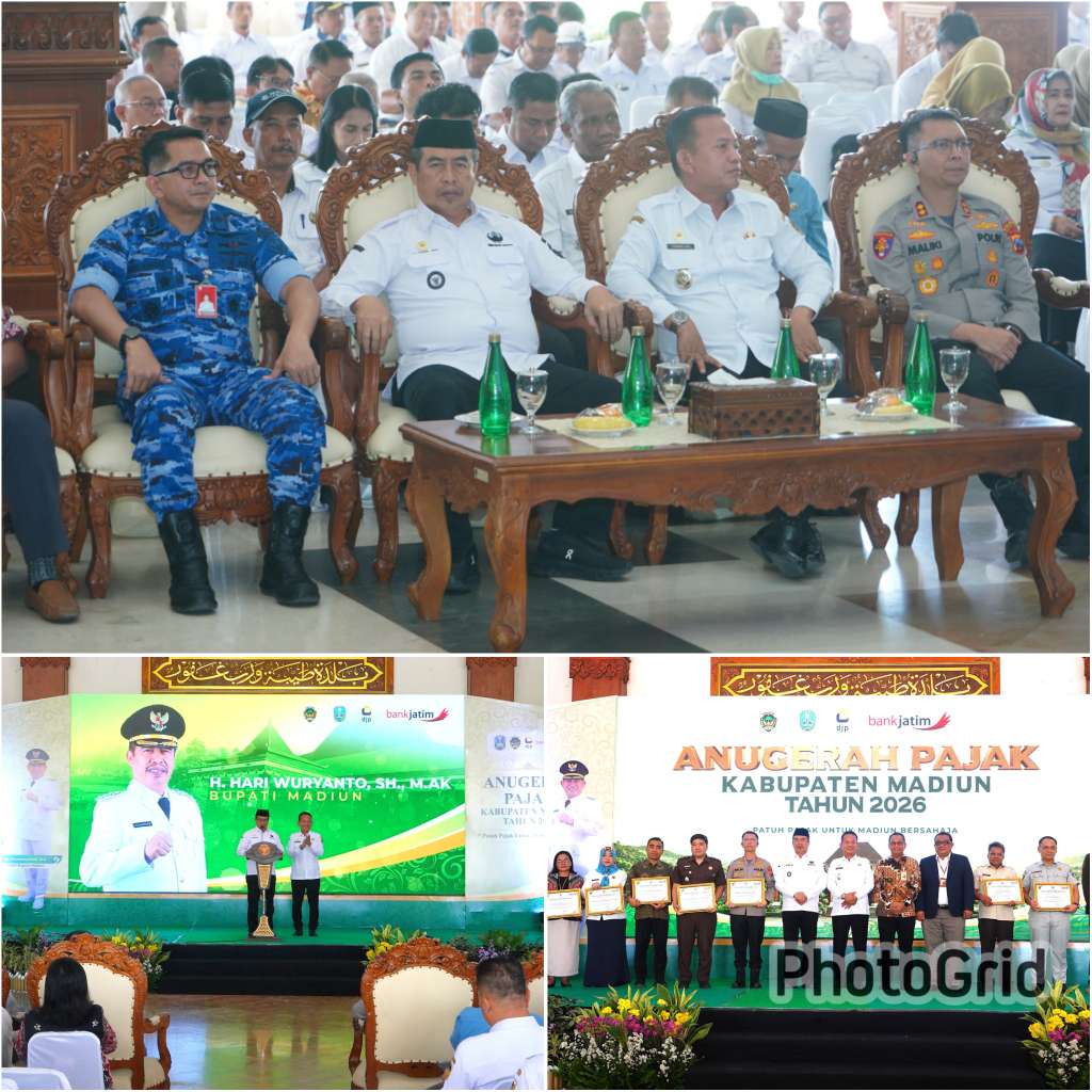 Foto: Bupati Madiun Hari Wuryanto saat memberikan penghargaan Anugerah Pajak Daerah Kabupaten Madiun 2026 di Pendopo Ronggo Djumeno Caruban