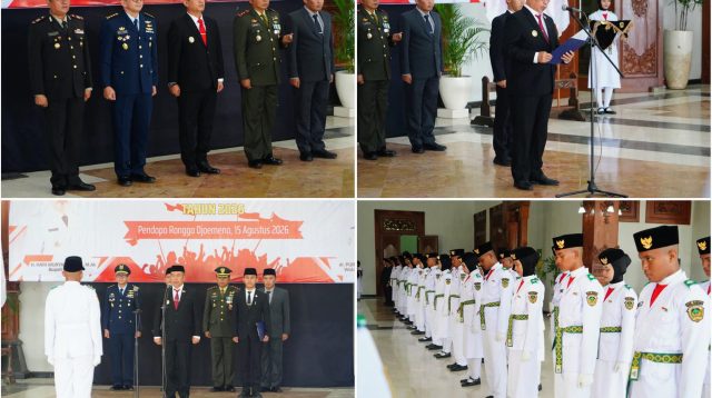 Foto: Bupati Madiun Hari Wuryanto mengukuhkan 76 anggota Paskibraka Kabupaten Madiun Tahun 2026 di Pendopo Ronggo Djumeno Caruban