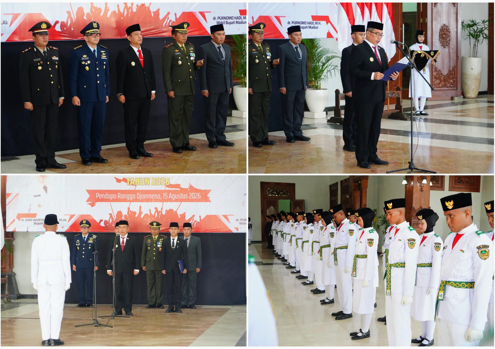 Foto: Bupati Madiun Hari Wuryanto mengukuhkan 76 anggota Paskibraka Kabupaten Madiun Tahun 2026 di Pendopo Ronggo Djumeno Caruban