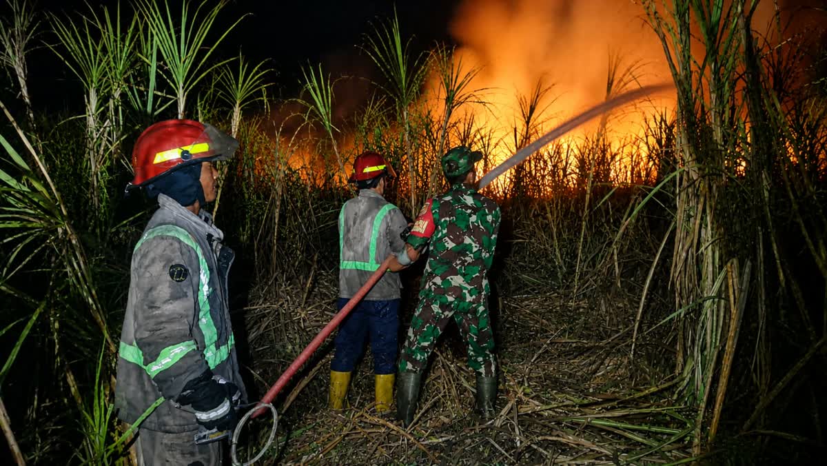 Foto: Babinsa dan petugas Damkar memadamkan kebakaran lahan tebu seluas 3,5 hektare di Desa Gunungsari, Kabupaten Madiun