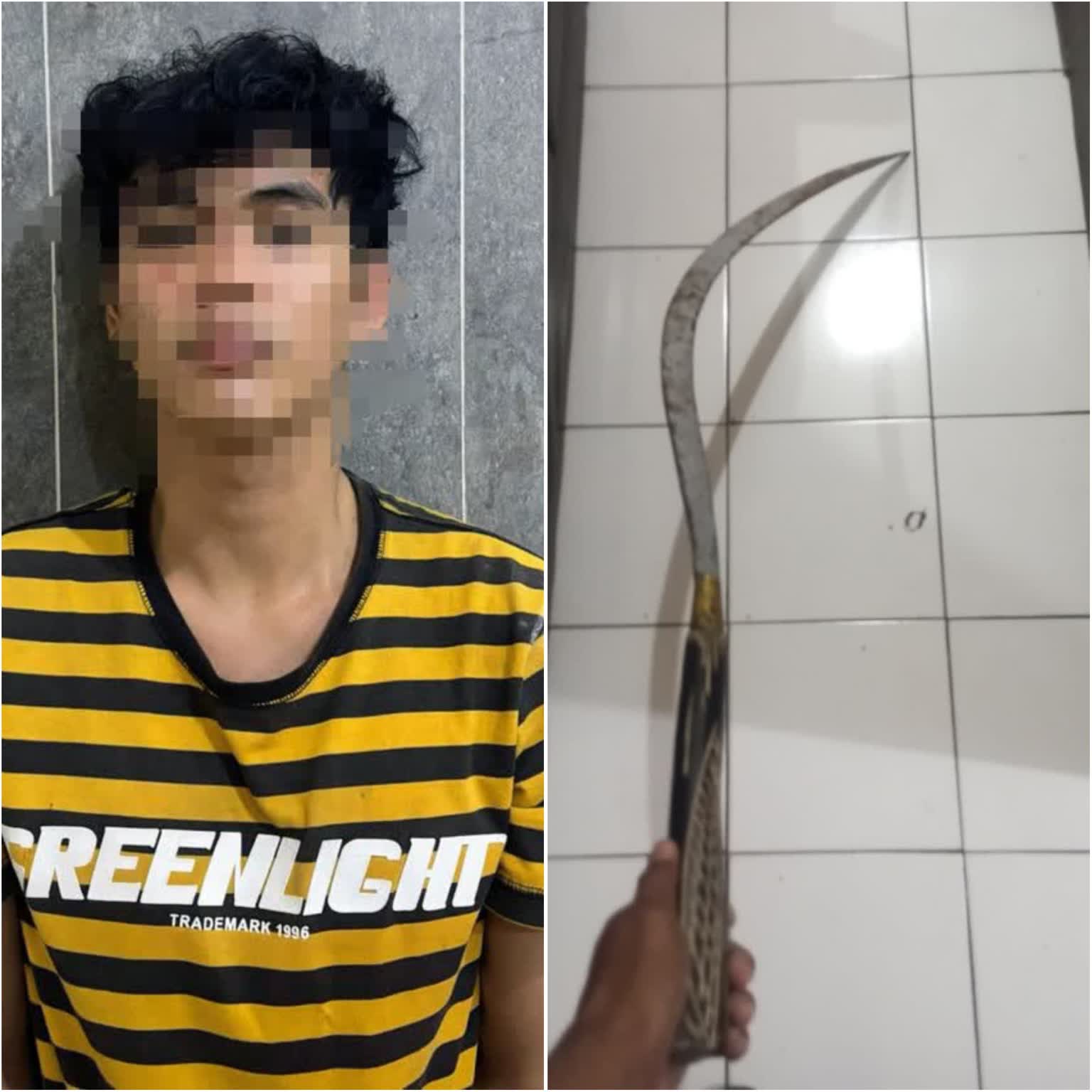 Foto: Polisi mengamankan tersangka dan celurit sepanjang 1,5 meter yang diduga berkaitan dengan tawuran di Surabaya