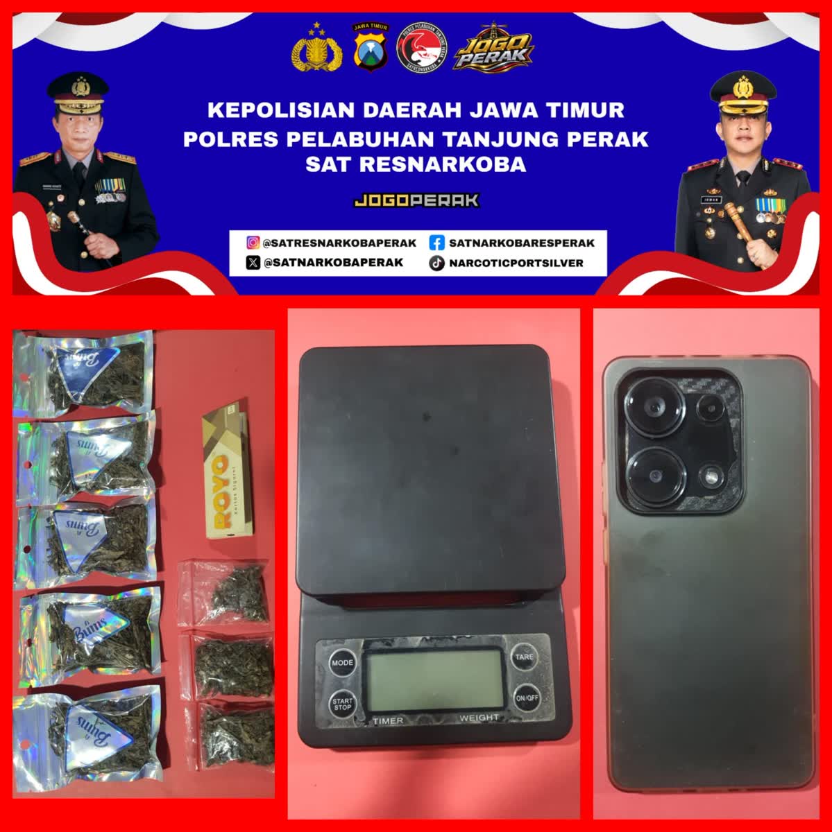 Foto: Satresnarkoba Polres Pelabuhan Tanjung Perak Surabaya mengamankan barang bukti ganja dari pemuda Banyu Urip Surabaya