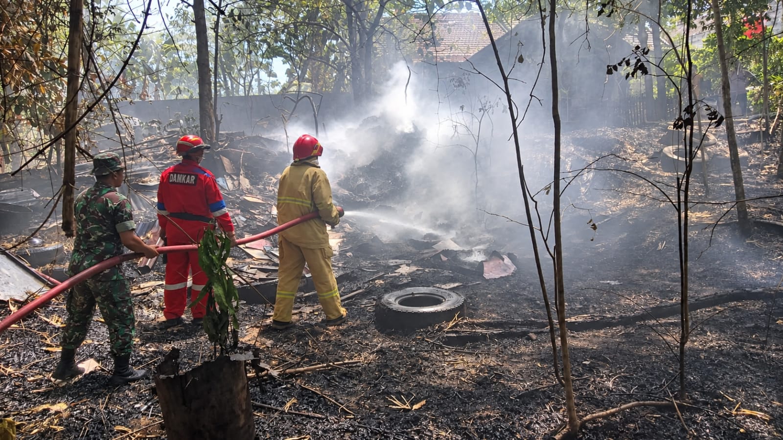Foto: Babinsa dan petugas Damkar memadamkan kebakaran lahan jati di Dolopo Kabupaten Madiun