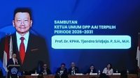 Foto: Ketua Umum AAI 2026–2031 Prof. Dr. Chandra Srijaya saat menyampaikan komitmen penguatan organisasi dan profesi advokat.