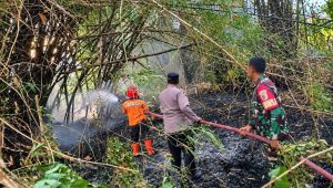 Foto: Petugas memadamkan kebakaran lahan di tanggul irigasi Desa Metesih, Kecamatan Jiwan, Kabupaten Madiun