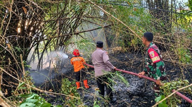 Foto: Petugas memadamkan kebakaran lahan di tanggul irigasi Desa Metesih, Kecamatan Jiwan, Kabupaten Madiun